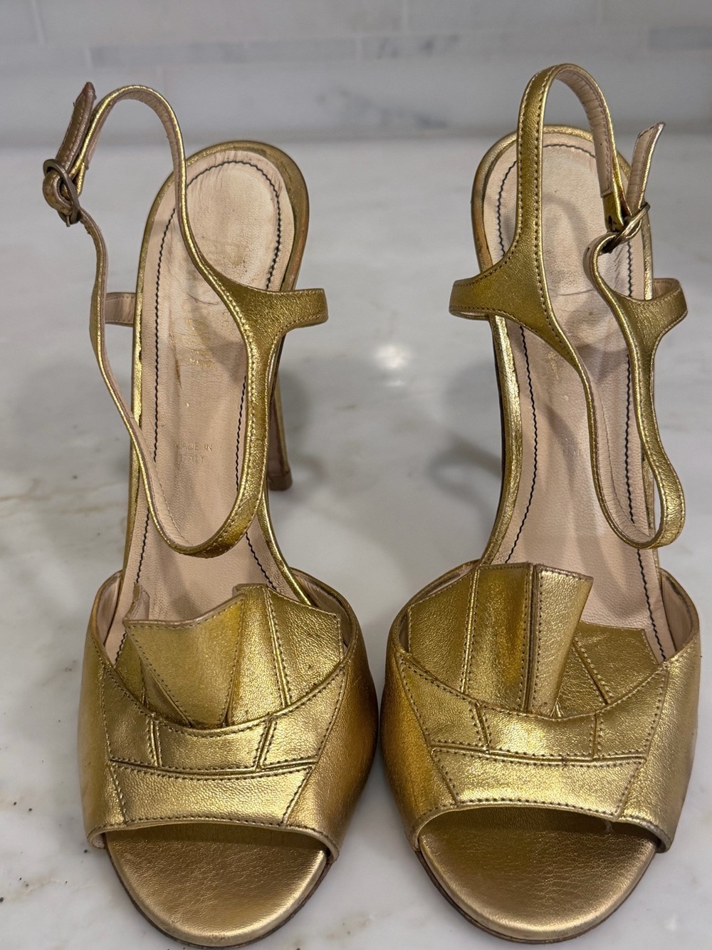 Jerome C. Rousseau gold leather peep-toe sandals